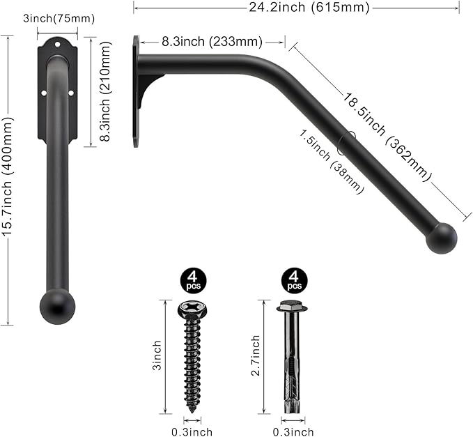 SELEWARE Fully Welded Handrail Iron Handrail for Outdoor Steps Garage Railing Safety Grab Bar for Elderly 24'' Length 1.3'' Dia