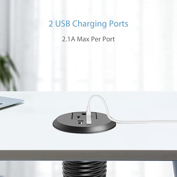 Jgstkcity Desktop Power Grommet, 2 inch, Black, 1 AC Outlet and 2 USB Ports, 6.56ft Cable, Fire Resistant Outer Shell