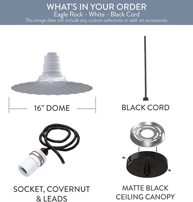 Steel Lighting Co. Eagle Rock Pendant | Ceiling Mounted Light | 16 inch Radial Wave | Black Cord | Heavy Duty Steel Retro Farmhouse Style Made in America | White Exterior/White Interior