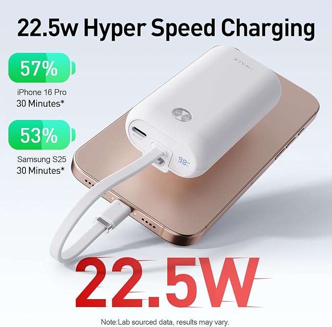 iWALK Mini Portable Charger 10,000mAh, 22.5W USB-C Fast Charging Power Bank with Built-in Cable, Travel Essential Ultra-Small Battery Pack Compatible for iPhone 16/16 Pro/15, Samsung, Google, White