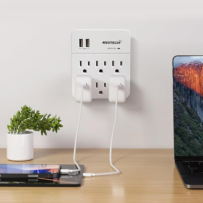 6 Outlet Extender Surge Protector Wall Mount Adapter with Dual 2.4A USB Charging Ports,Oviitech Multi Plug Outlets,6 AC Socket Outlet Splitter,900 Joules Surge Suppression,White, ETL Certified（2 Pack）