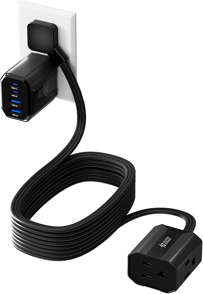 SUPERDANNY Detachable Travel Power Strip,45W USB Fast Charge,2 USB-C & 2 USB-A with 3 Outlets Flat Plug Extension Cord 10ft,Portable Charger for Travel Essentials for Travel Cruise Home, Black