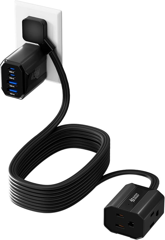 SUPERDANNY Detachable Travel Power Strip,45W USB Fast Charge,2 USB-C & 2 USB-A with 3 Outlets Flat Plug Extension Cord 10ft,Portable Charger for Travel Essentials for Travel Cruise Home, Black