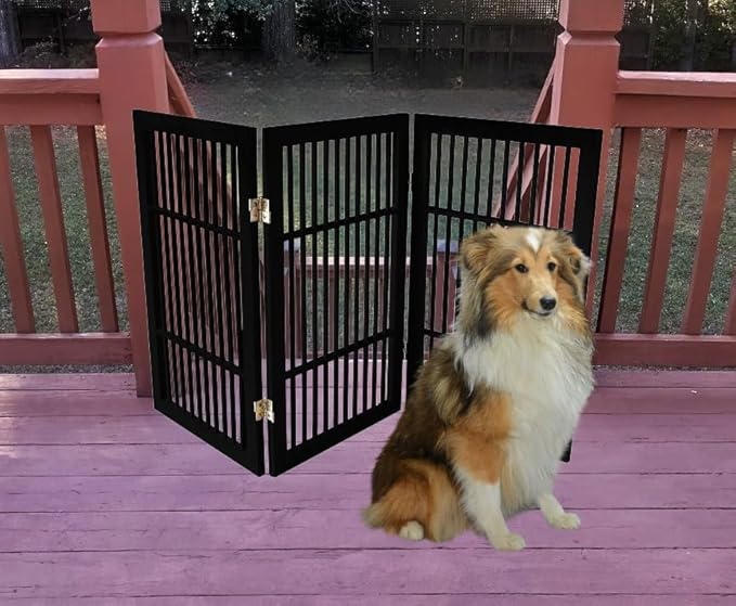 Pet Dog Gate Strong and Durable Freestanding Folding Acacia Hardwood Portable Wooden Fence Indoors or Outdoors by Urnporium (Black Pet Gate, 3 Panel 30" Tall)