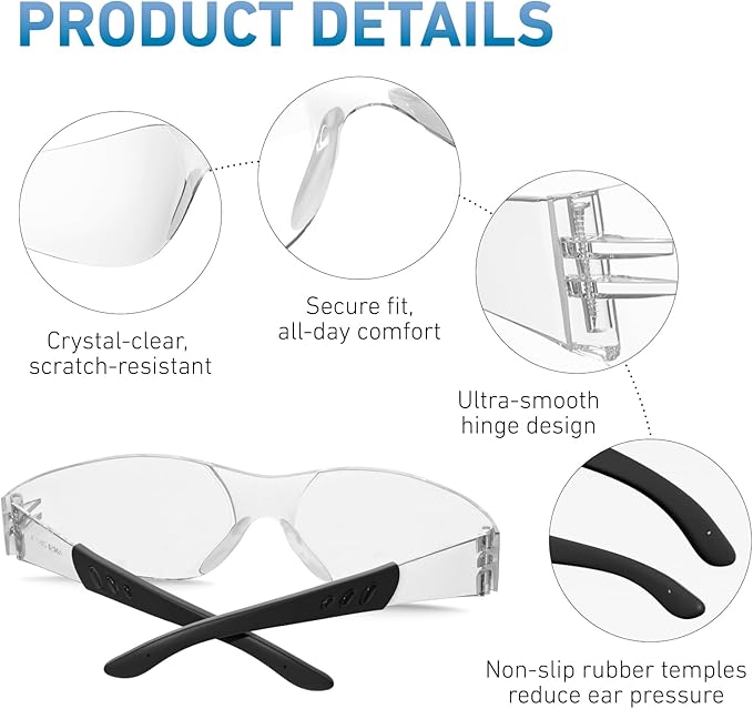 Safety Glasses ANSI Z87.1 Certified - Scratch-Resistant Protective Eyewear for Men & Women, Ideal for Construction & Shooting