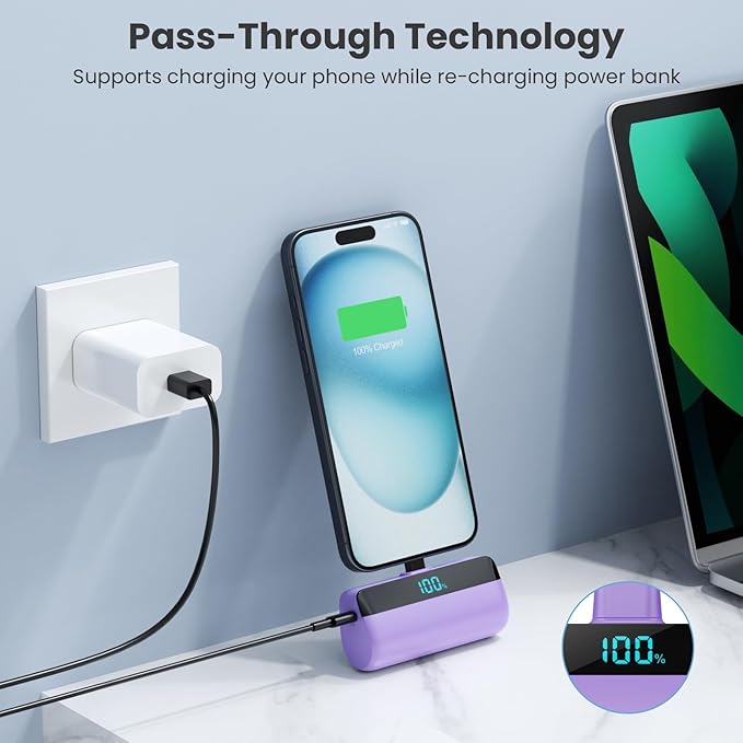 [2-Pack] Mini Portable Charger 5500mAh for iPhone 15/16 Series, LCD Display 15W PD Fast Charging Power Bank USB C Connector Battery Pack Compatible with 16/16 Pro Max/15/15 Pro Max Samsung Android etc