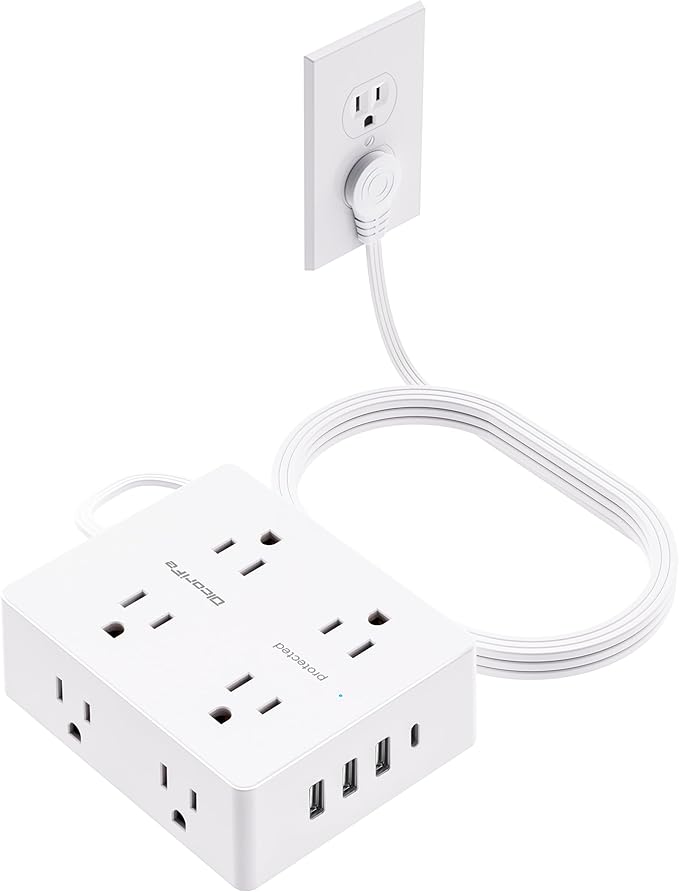 Surge Protector Power Strip, Olcorife Ultra Thin Flat Plug Extension Cord 5ft, 8 Outlets 4 USB Ports(1 USB C), Flat Wall Plug Outlet Extender, College Dorm Room Essentials, White