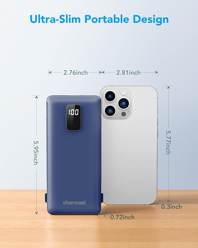 Charmast Portable Charger with Built-in Cables and Plug, 10000mAh USB C Power Bank Fast Charging 15W, External Battery Pack Slim, Travel Essentials Compatible with 16 15 14 13, Samsung Galaxy, iPad