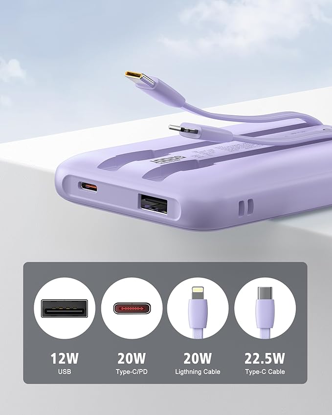 Portable Charger 10000mAh, Cell Phone Portable Power Banks with 22.5W PD Fast Charging, Compact Phone Charger Built in Cable, Compatible with Apple, Samsung, Google, Motorola and More
