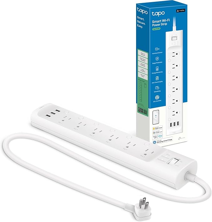 Tapo Smart Wi-Fi Power Strip- 6 Individually Controlled Smart Outlets and 3 USB Ports with Surge Protection, Matter, Works w/Alexa, Google Home, Siri, & Bixby, No Hub Needed, Tapo P316M