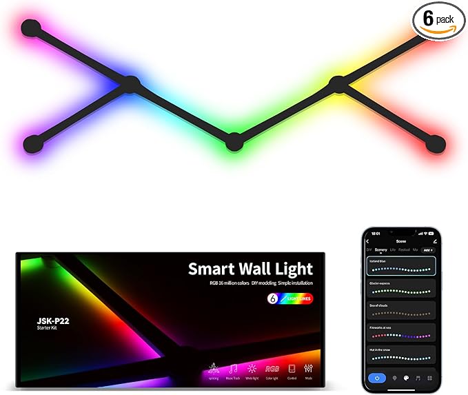 Smart Wall Light Lines, WiFi RGB LED Bars, 16M+ Color Dimmable Music Sync DIY Home Decor for Gaming Party Streaming Lovers, Compatible with Alexa & Google Assistant (6 Lines, Black)