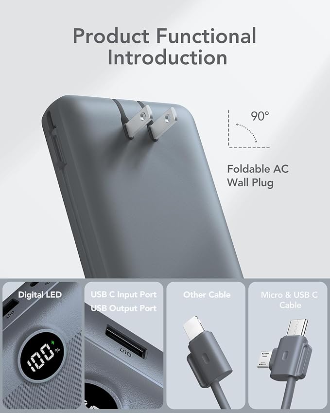 Portable Charger Power Bank 20000mAh,VRURC 22.5W Fast Charging Power Bank With Cables, 20K USB C Portable Charger With Wall Plug, Phone Battery With Cords For iPhone, Samsung, Android Phones, etc-Grey