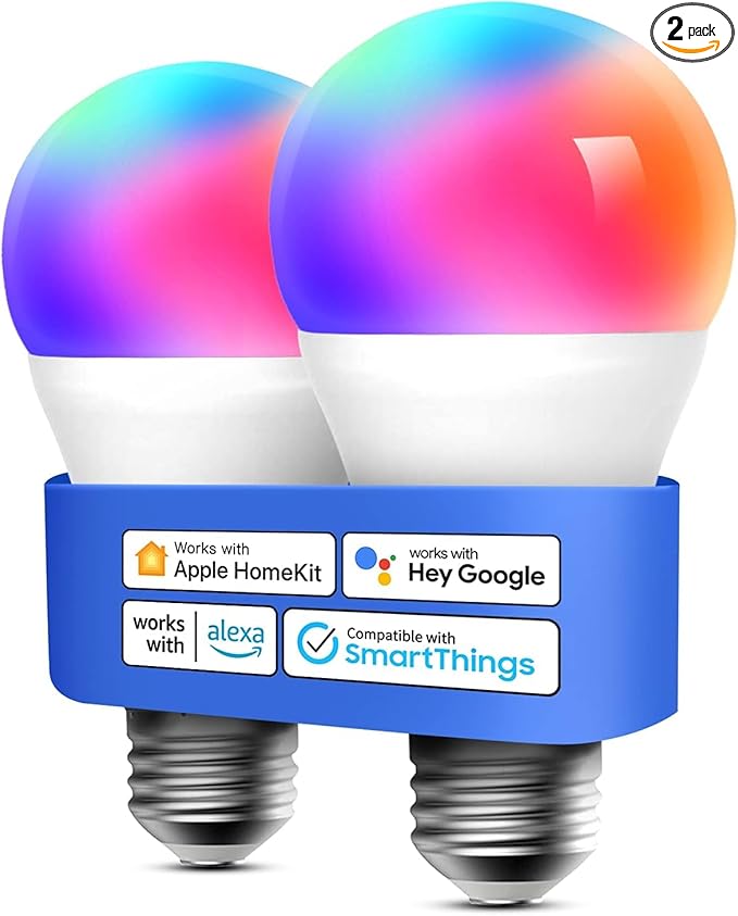 meross Smart Light Bulb, Smart WiFi LED Bulbs Compatible with Apple HomeKit, Siri, Alexa, Google Assistant and SmartThings, Dimmable E26 Multicolor 2700K-6500K RGB, 810 Lumens 60W Equivalent, 2 Pack