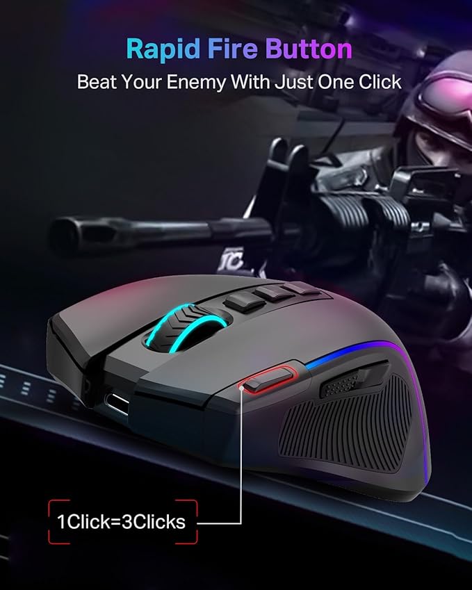 E-YOOSO Gaming Mouse, Tri-Modes Wireless/Bluetooth/Wired Rechargeable RGB Gamer Mouse with 2 Side Buttons, Rapid Fire Key, 8000 DPI, 6 Backlit Modes, 9 Programmable Buttons Macro