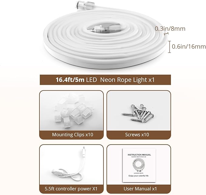 16.4FT Neon Lights Daylight, LED Flexible Linkable Waterproof Rope Strip Lights Nature White for DIY Sign Living Gaming Room Bedroom Bars Wall Party Wedding Christmas Indoor Outdoor Décor