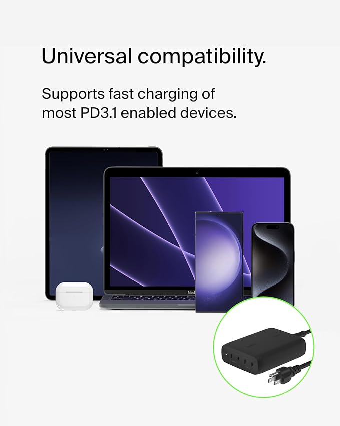 Belkin 4-Port USB C Charger Block, 200W GaN Multi-Port Charger USB-C PD 3.1 Fast Charge + 5ft Power Cord - MacBook, iPhone 16, iPad, Galaxy S25, Google Pixel, Nintendo Switch 2 - Black