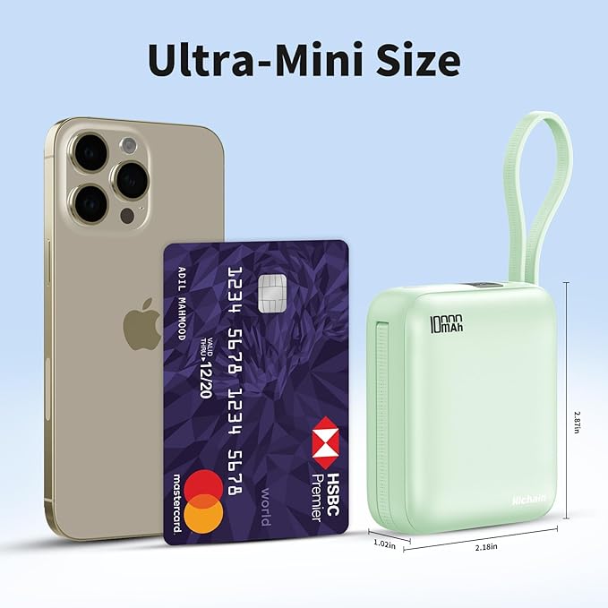 Hichain Portable Charger with Dual Built-in Cables 10000mAh Small Power Bank 22.5W Fast Charging Mini Powerbank LED Display Travel Essential Battery Pack for iPhone 17 16 15 14 13 All Series Green
