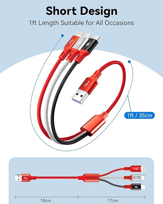 [3Pack 1Ft] Multi Charging Cable, Short Multi Charger Cable, 3 in 1 Braided Universal Multiple USB Cable Charging Cord Adapter with IP/Type-C/Micro USB Port for Cell Phones/iPhone Series/Galaxy & More