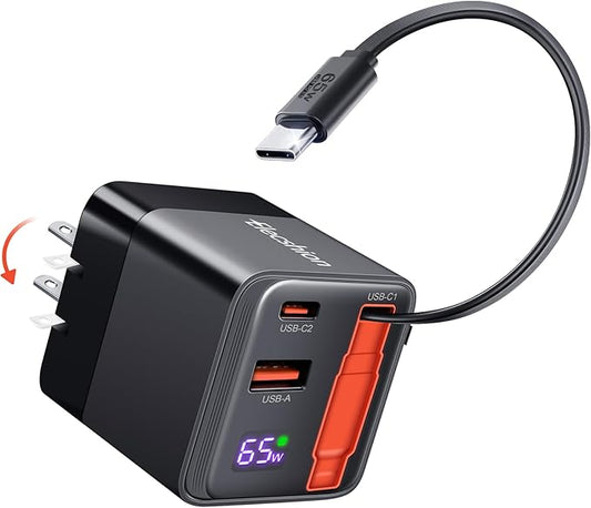 65W Retractable Charger, USB C Wall Charger Block Built-in Type C Cable & Dual Port, PD PPS Fast Charging GaN Power Adapter Travel Charger for MacBook,Lenovo IdeaPad,iPhone 17 Pro Max,Galaxy S25
