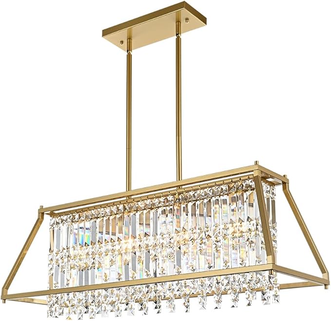 Crystal Chandelier Light for Dining Room, 4-Light Trapezoidal Industrial K9 Crystal Pendant Lights with Brushed Gold Metal Frame Pendant Lamp for Kitchen Island Living Room Entryway (Gold)