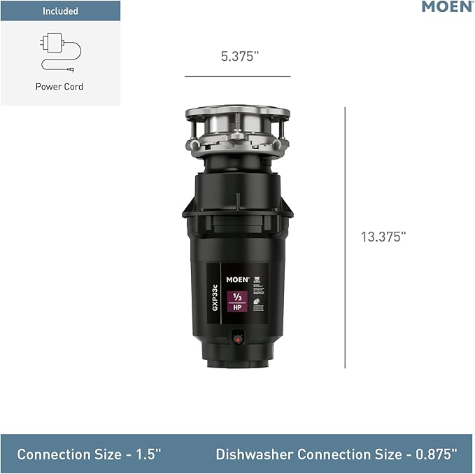 Moen Lite Series PRO Compact Continuous Feed Garbage Disposal for Kitchen Sink with Power Cord, GXP33C