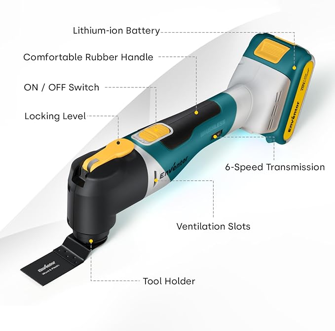 Enventor 20V Cordless Oscillating Multi tool, Brushless Oscillating Saw with 28PCS Accessories, Fast Charger, 6 Variable Speeds, 4° Oscillation Angle for Scraping, Sanding, Cutting, Blue