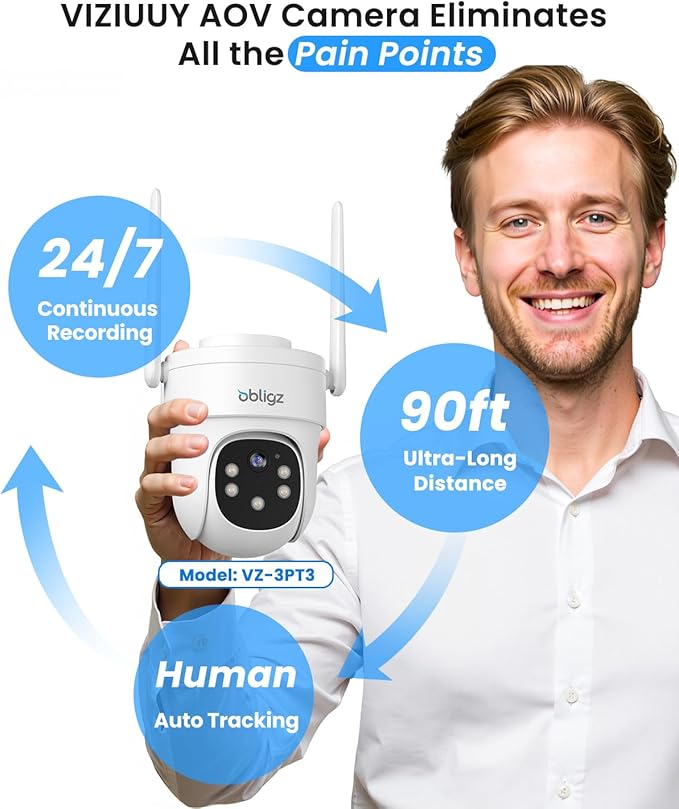 AOV Security Camera, 24H Continuous Recording Security Cameras Wireless Outdoor, WiFi 6, 2K Solar-Powered Cameras for Home Security, 360° PTZ, Auto Tracking, 512G Local Storage(Not Include)
