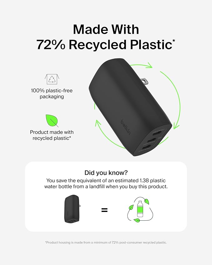 Belkin 3-Port USB C Charger Block w/PPS 67W, USB-C PD 3.1 Super Fast Charging - Samsung Galaxy S25, Apple iPhone 16, MacBook Pro, AirPods, Nintendo Switch 2, & Other PD Enabled Devices - Black