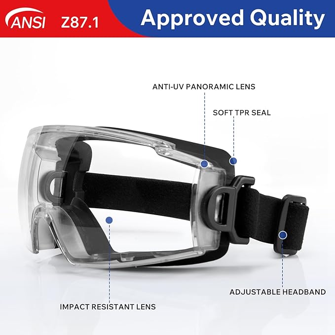 Safety Goggles Over Glasses - ANSI Z87.1 Certified Eye Protection for Chemistry Lab Work & Industrial Use - Anti-Fog Clear Lens, Impact Resistance - Adjustable Strap - Men & Women (2 Pack)