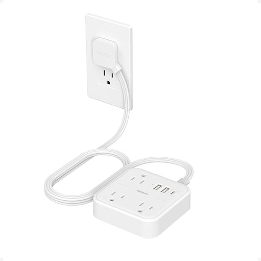 Extension Cord with Multiple Outlets 5 FT, TESSAN Small Flat Plug Power Strip with 3 USB (1 USB C) and 3 AC, Surge Protector Charging Station for Office, School, Dorm Room Essentials, White