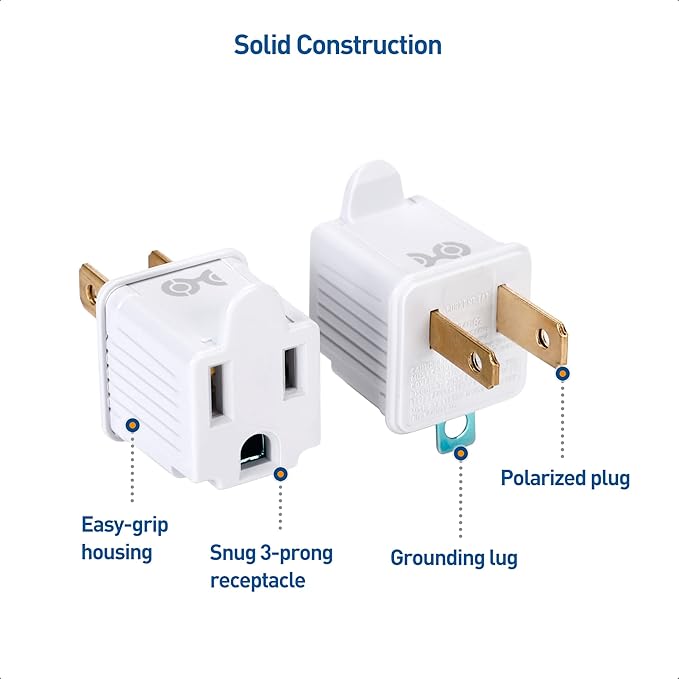 [UL Listed] Cable Matters 3-Pack 2 Prong to 3 Prong Outlet Adapter, 3P to 2P Plug Adapter - Converts a 2-Prong Outlet to Support 3-Prong Plugs, White