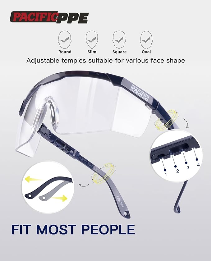 PACIFIC PPE 3 Pack Anti-Fog Safety Glasses with Ajustable Temples, Safety Glasses for Men and Women, ANSI Z87.1, Side Protection, High Transmission Protective Eyewear, Lightweight