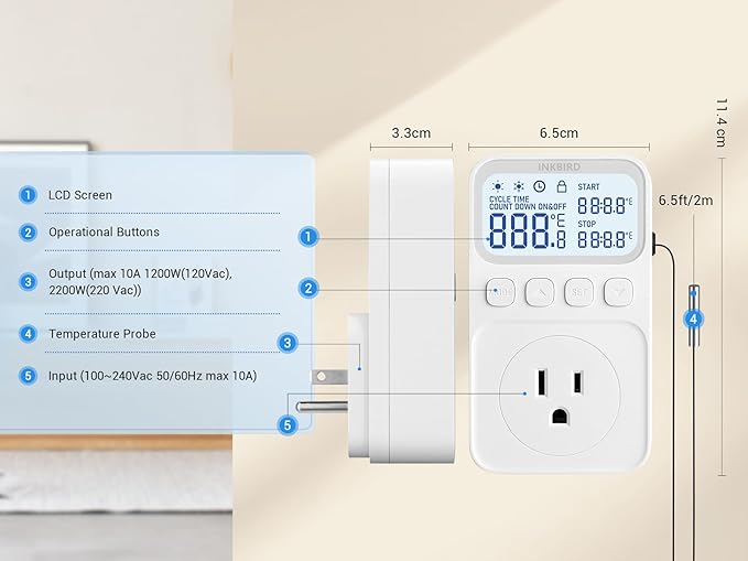 INKBIRD Digital Thermostat Outlet Temperature Controller Outlet Socket Heating/Cooling Control 1200W 10A Backlit Display