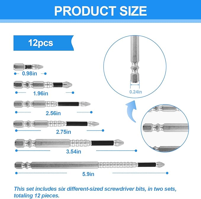 12-Piece Anti-Slip Magnetic Screwdriver Bit Set, High-Torque Drill Bits for Electric & Impact Drivers, Precision Steel Bits in 25/50/65/70/90/150mm Sizes