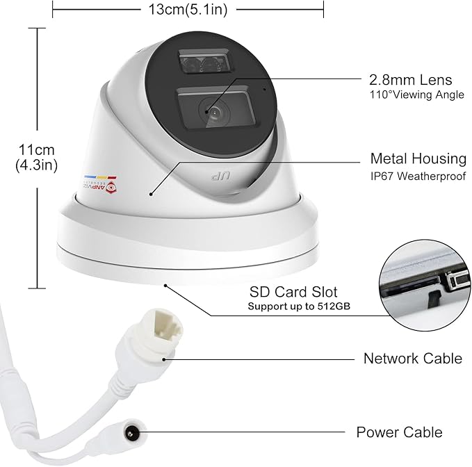 Anpviz 5MP PoE IP Camera with Audio, Full Metal Turret Security Camera Outdoor with Human Vehicle Detection, Smart Color Night Vision, 3072x1728@20fps, 114° FOV, WDR, IP67 Waterproof (H Series)