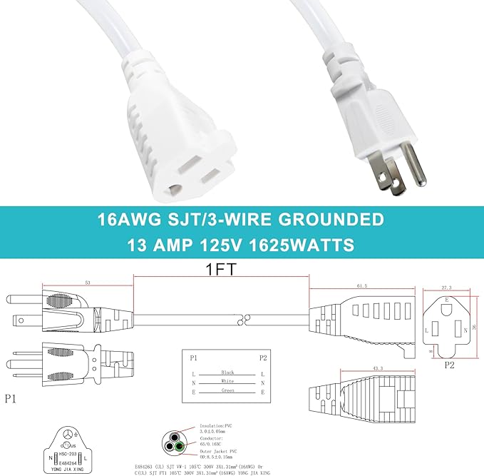 SPARKING Short Extension Cord 1 Foot - 12in White AC Indoor 3 Prong Extension Cord,16AWG Mini Small Short Grounded Appliance Power Extensions Cord, 125V 13Amp Single Outlet Saver Electrical Extenders