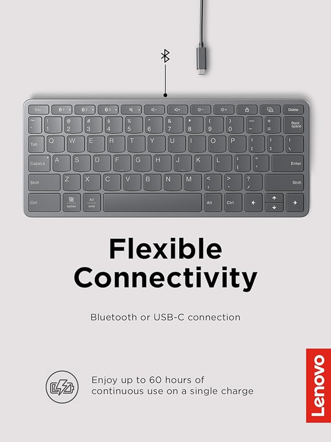Lenovo Multi-Device Wireless Bluetooth Keyboard, Connect Up to 3 Devices Simultaneously, Compatible with iOS, Android, Windows, Slim Profile, Rechargeable, 60-Hour Battery Life, Iron Grey