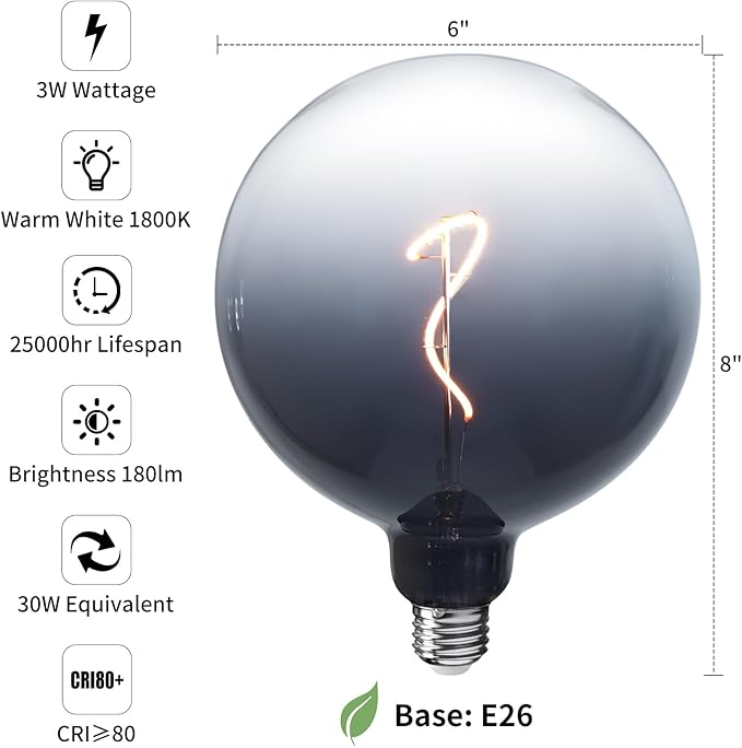 ONEWISH G150 Globe LED Bulb - Gradient Black Clear Glass Decorative Design, E26 LED Filament Bulb, Warm Lighting for Livingroom Kitchen Island, Café, Ceiling Hanging Light Fixture φ150mm(6")