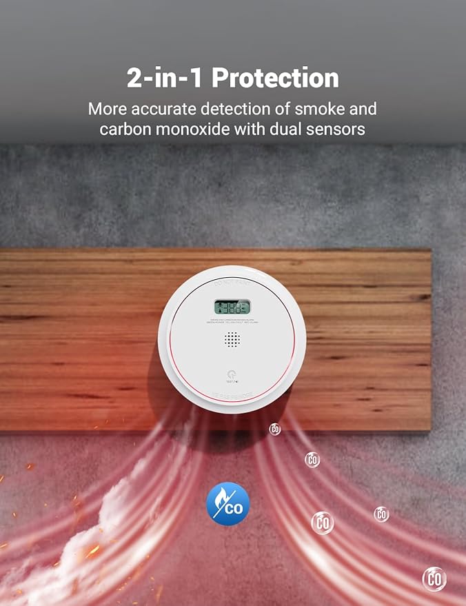 Smoke and Carbon Monoxide Detector Combo 10 Year Battery, Dual Sensor Smoke Alarm Carbon Monoxide Detector with LCD Display for Home, 1 Pack