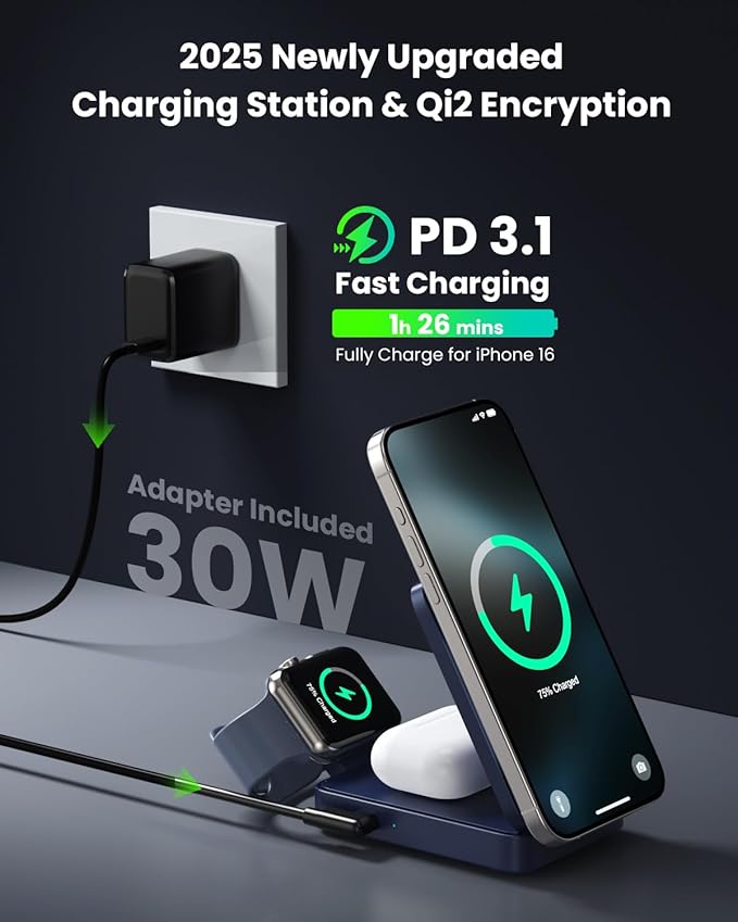 3-in-1 Wireless Charger Charging Station for iPhone, Qi2 Certified 15W Fast Charging Foldable Magnetic Charger Stand with 30W USB C Adapter for MagSafe iPhone 16/15/14/13/12, Apple Watch, AirPods