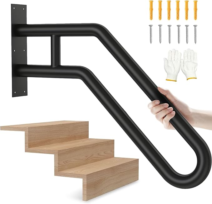 Handrails for Outdoor Steps, Stair Railing Indoor1-3 Step, U-Shaped Stairs Wall Mounted Metal Handrail for Garage, Porch, Yard and Garden - Black
