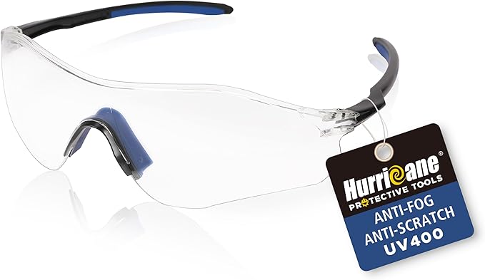 HURRICANE UV400 Safety Glasses, Clear Lens, Lightweight PC Glasses with Anti-Fog Feature