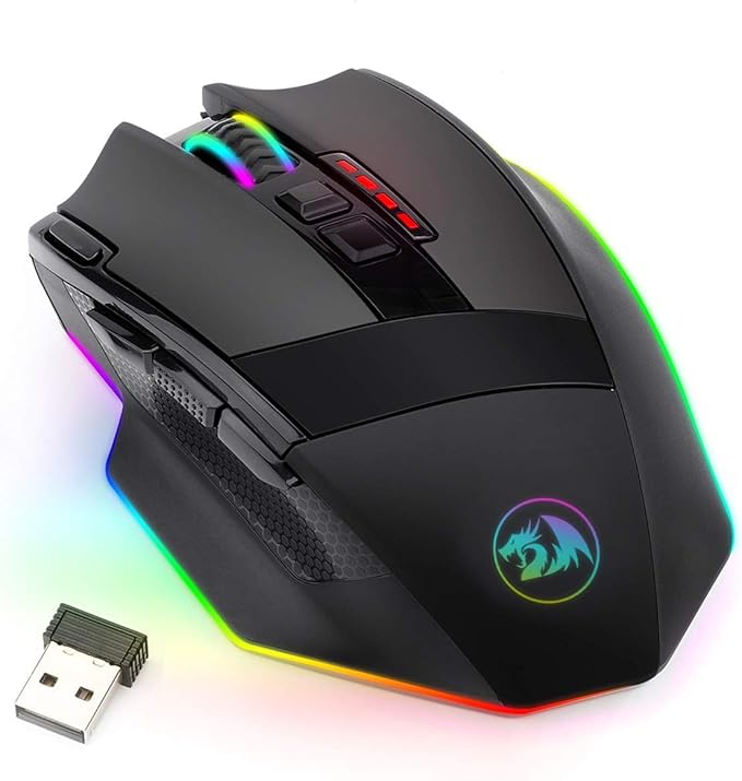 Redragon M801 Wireless Gaming Mouse, RGB Gaming Mouse with MMO 9 Programmable Macro Editing Buttons, UP 16000 Adjustable DPI, Rapid Fire Button for Game, Windows,PC - Wireless, Black