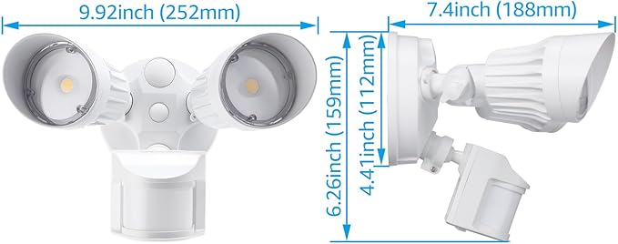 LEONLITE COB LED Security Light, Motion Sensor Flood Lights Outdoor, Aluminum, 3 Modes Motion Detector+Dusk to Dawn+Switch Control, 100-277V, Adjustable 2-Head, IP65, 3000K Warm White, ETL, White