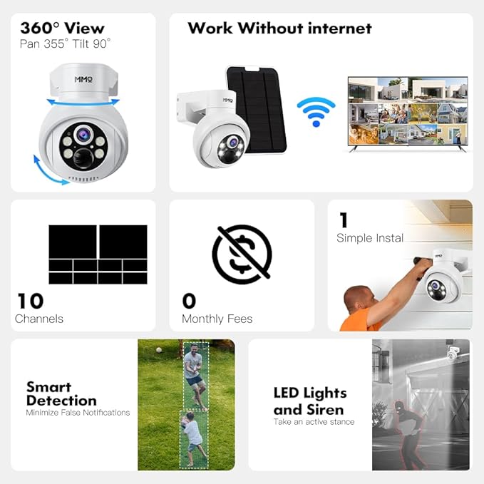 Solar Security Camera System Outdoor with 10in LCD Monitor (4 Solar Cam-Kit with 128GB)