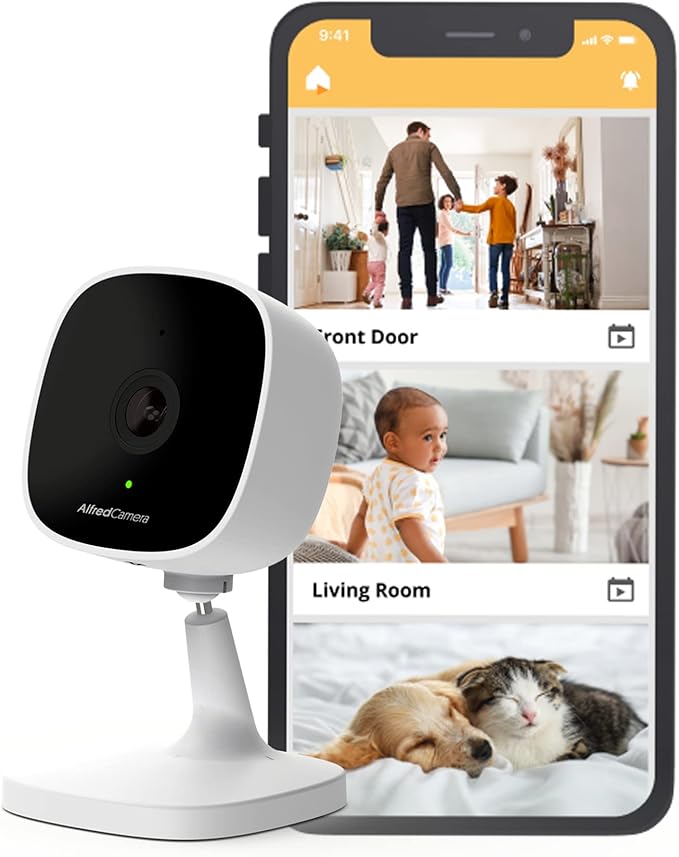 AlfredCam Indoor WiFi Security Camera, FullHD 1080P, 2.4G/WiFi, Continuous Recording, Motion Detection, Night Vision, Baby Monitor/Pet/Nanny Cam, App Powered (70M+ downloads)