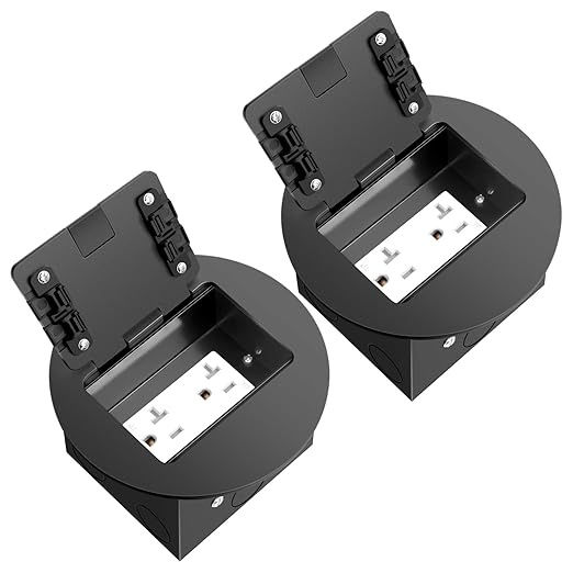 Vagueior Recessed Floor Electrical Outlet Kit, Circular Hidden Duplex 20A Tamper-Resistant Receptacle Outlet ，Waterproof Electrical Outlet Covcer Box,UL Certified,Black（2 Pack