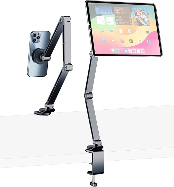 Magnetic Tablet Stand for Desk Aluminum Alloy Phone iPad Desk Holder Overhead Arm Mount with 360°Rotate Base for Magsafe/iPhone/Android/iPad (Magnetic Gray)