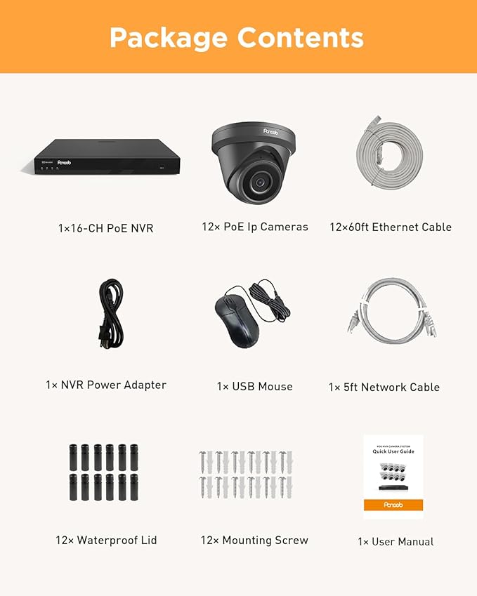 16 Channel Security Camera System, 12x 5MP Wired IP Dome Turret PoE Camera Outdoor, AI Human Detection, Built-in Mic, Remote Access, 4K 16 Channel NVR 4TB HDD for 24-7 Recording, PD93A31216-5M