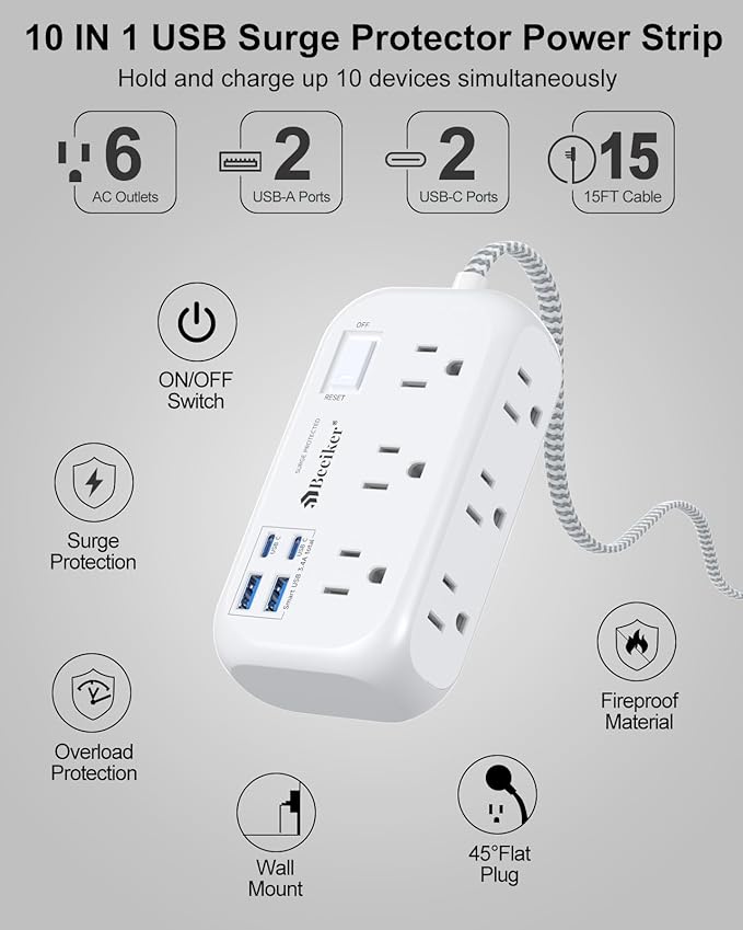 4 USB(2 USB C) Surge Protector Power Strip- 15 Ft Extension Cord with 6 Widely Outlets and Switch, Flat Plug Desk USB Charging Station with Long Braided Extension Cord Wall Mount for Home Office Dorm
